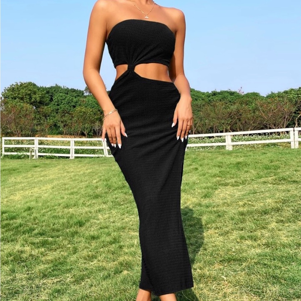 SHEIN Black Strapless Knit Cut Out Midriff Maxi Coverup Size M NEW With Tags